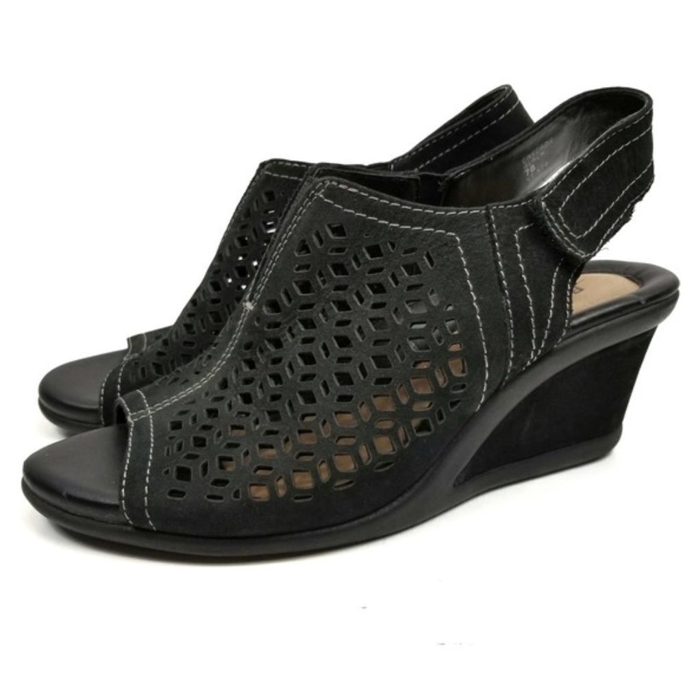 Earth Shoe Cascade Black Suede Wedge Slingback Sandals Sz 5.5